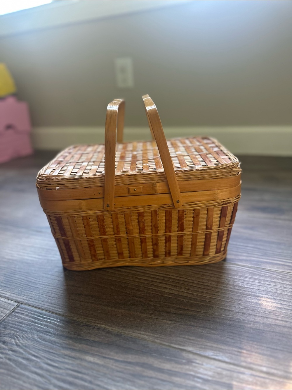 Vintage Antique Woven Picnic Basket in Natural and Brown - Picture 2 of 16
